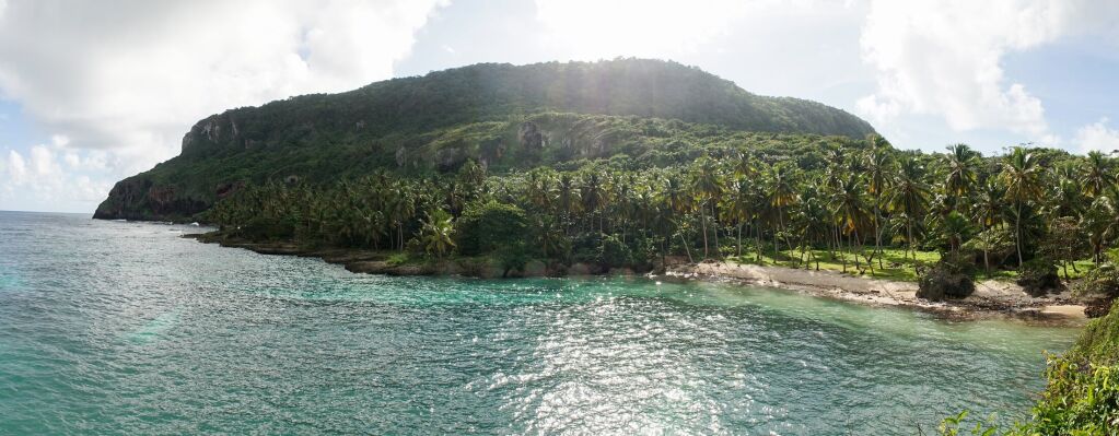 Tropical palm trees and ocean landscape at Las Galeras Beach in the Samaná Bay of Caribbean Dominican Republic.