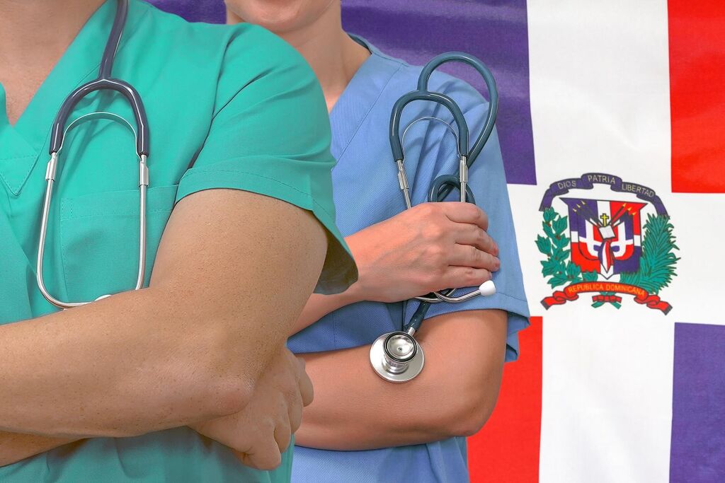 Close-up medical team man and woman surgeons of the Dominican Republic flag background. Medical technology research institute and doctor staff service concept in Dominican Republic