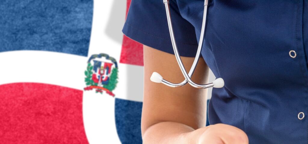 Dominican Republic flag female doctor with stethoscope, national healthcare system