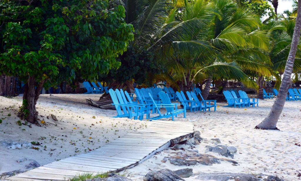 
The sandy beach, blue lounge chairs, a wooden walkway and palm trees on the island of Saona, Dominikana are a paradise for relaxation.