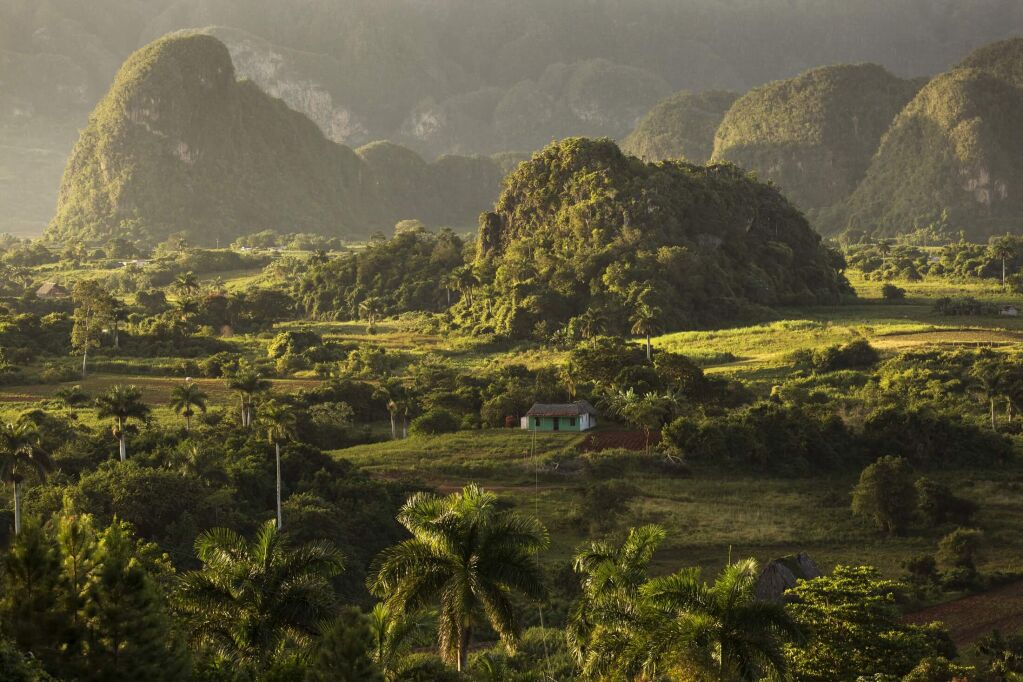 Panoramic view over landscape with mogotes in Vinales Valley ,Cuba 