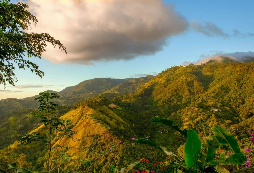 View from and of The Blue Mountains at sunset, Jamaica