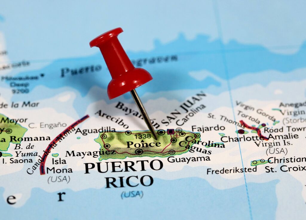 Map with pin point of Puerto Rico in Caribbean
