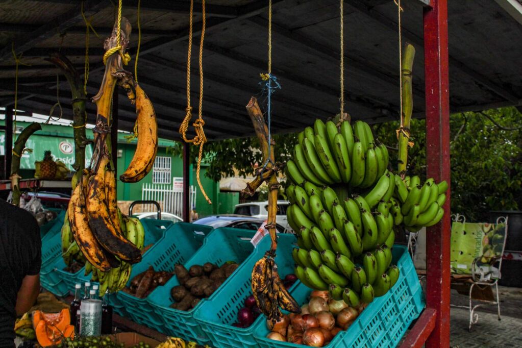 Open air produce stand in San Juan Puerto Rico with beautiful colorful fresh tropical fruits and vegetables