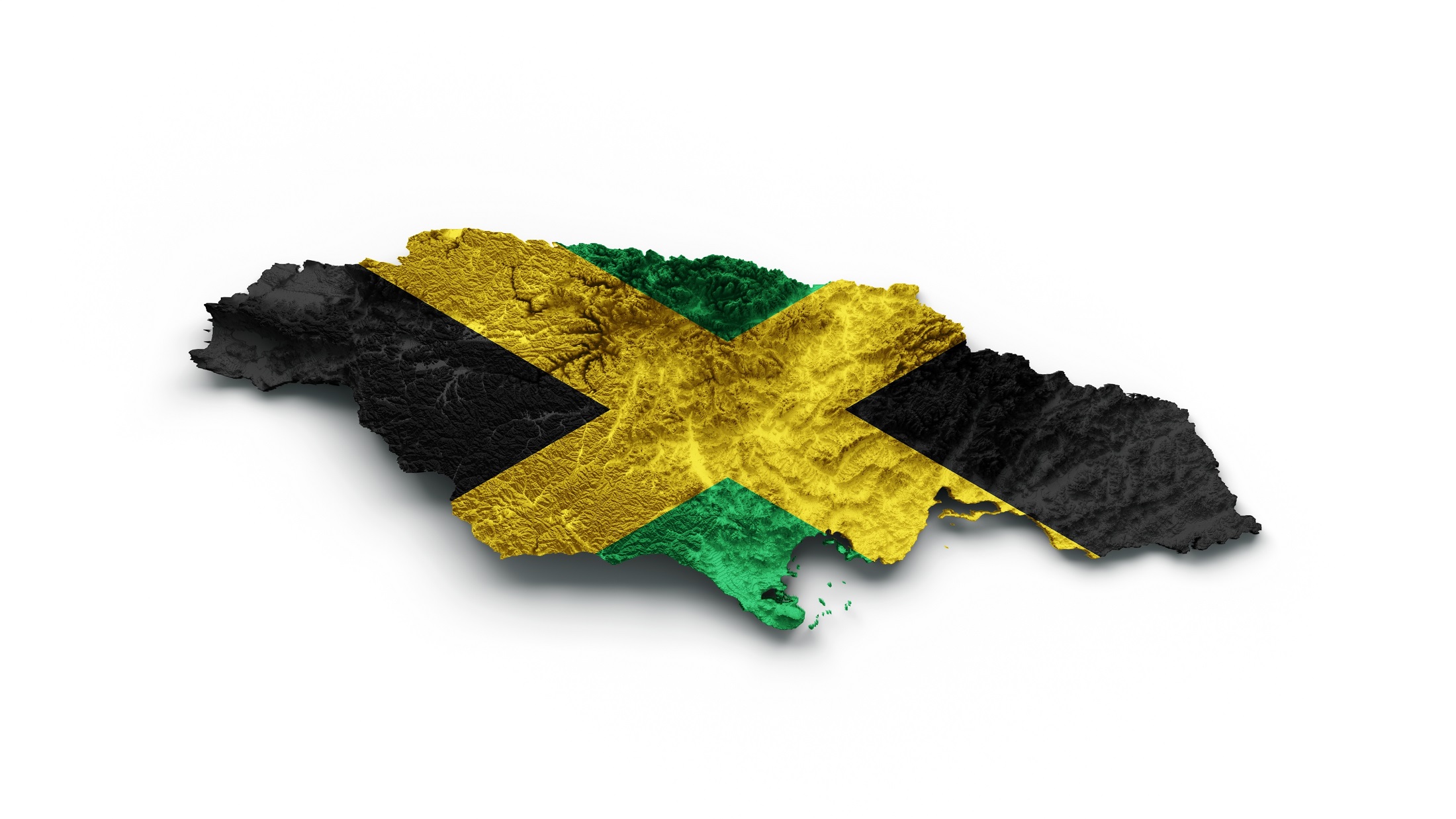 Jamaica Map Flag Shaded relief Color Height map on white Background 3d illustration
