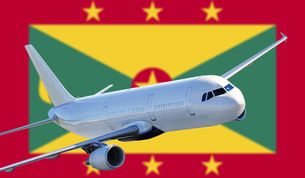 3D illustration. Airplane on the background of the silk national flag of the modern state of Grenada.