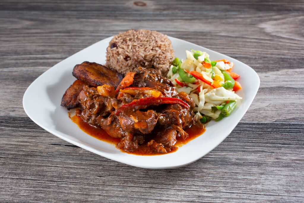 A view of a plate of brown stew chicken.