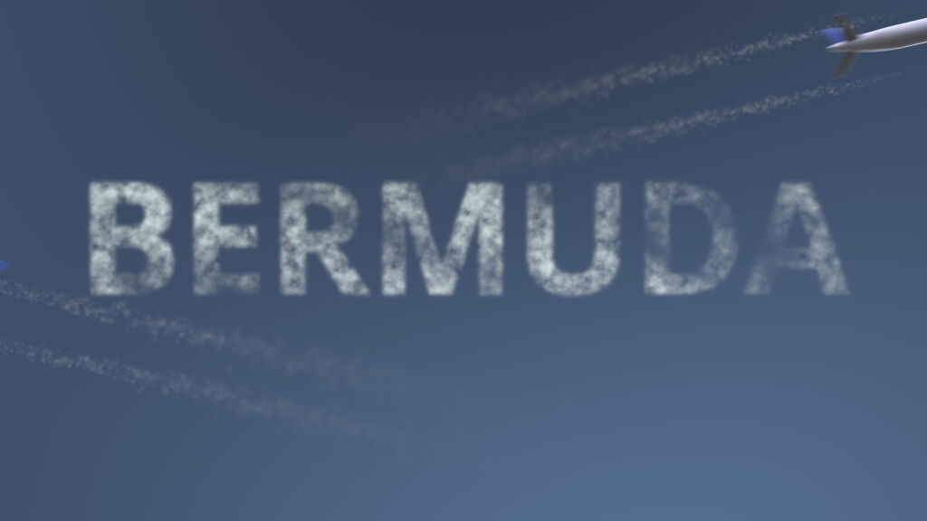 Flying airplanes trails and Bermuda caption. Vacation travel conceptual 3D rendering