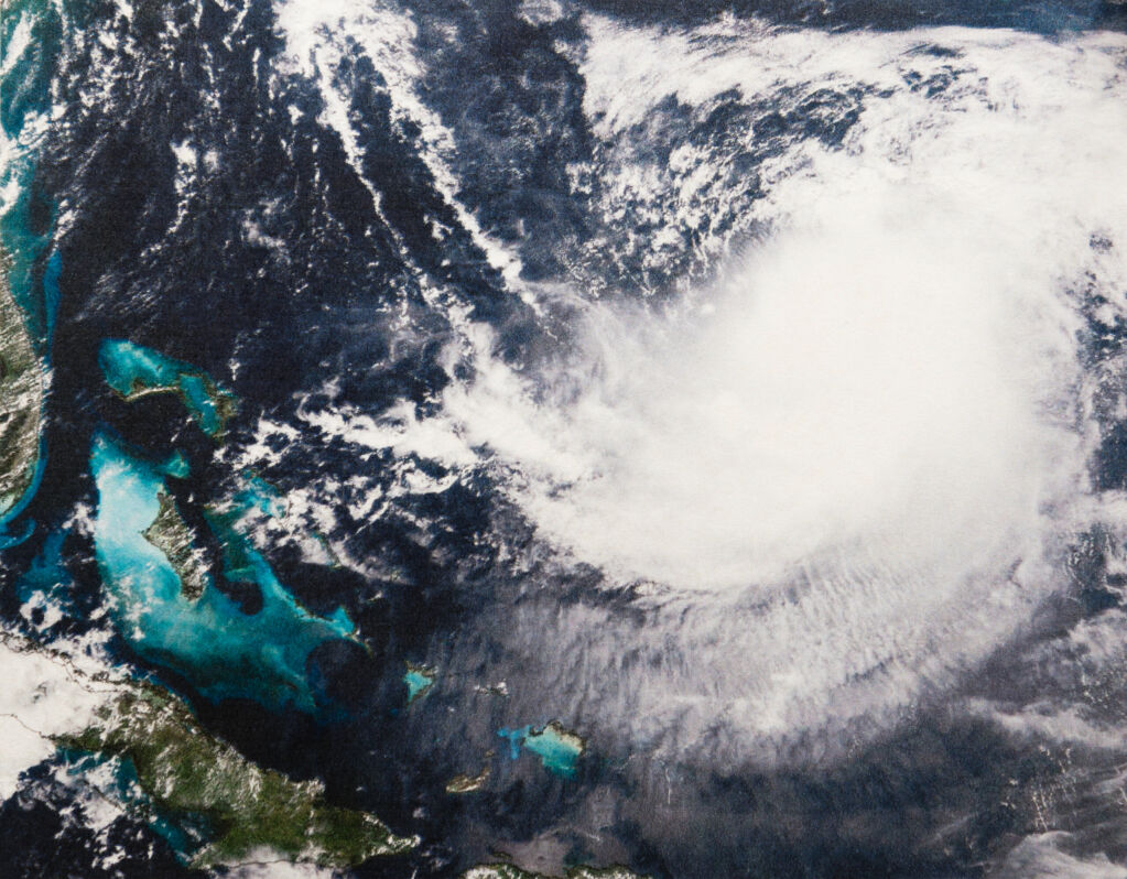 Geocolor Image in the eye of Hurricane Jose in between Bahamas and Bermuda, northeast of Bahamas in the Atlantic Ocean. Elements of this image furnished by NASA.