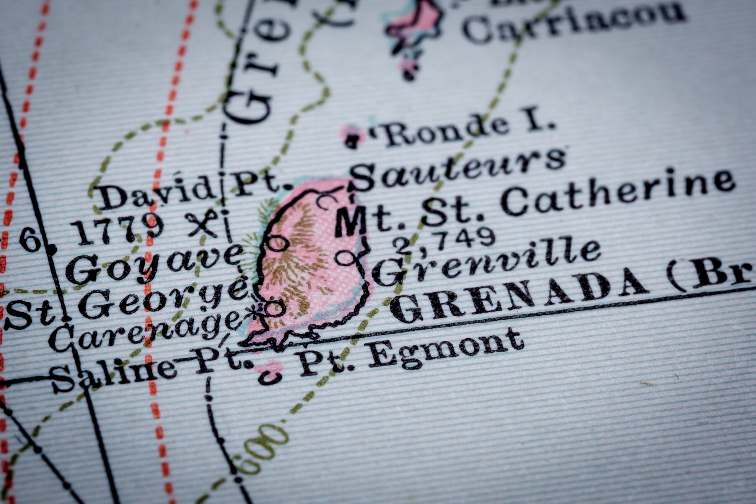 Grenada - Lesser Antilles - Selective focus from map fragment originally dated 1897.