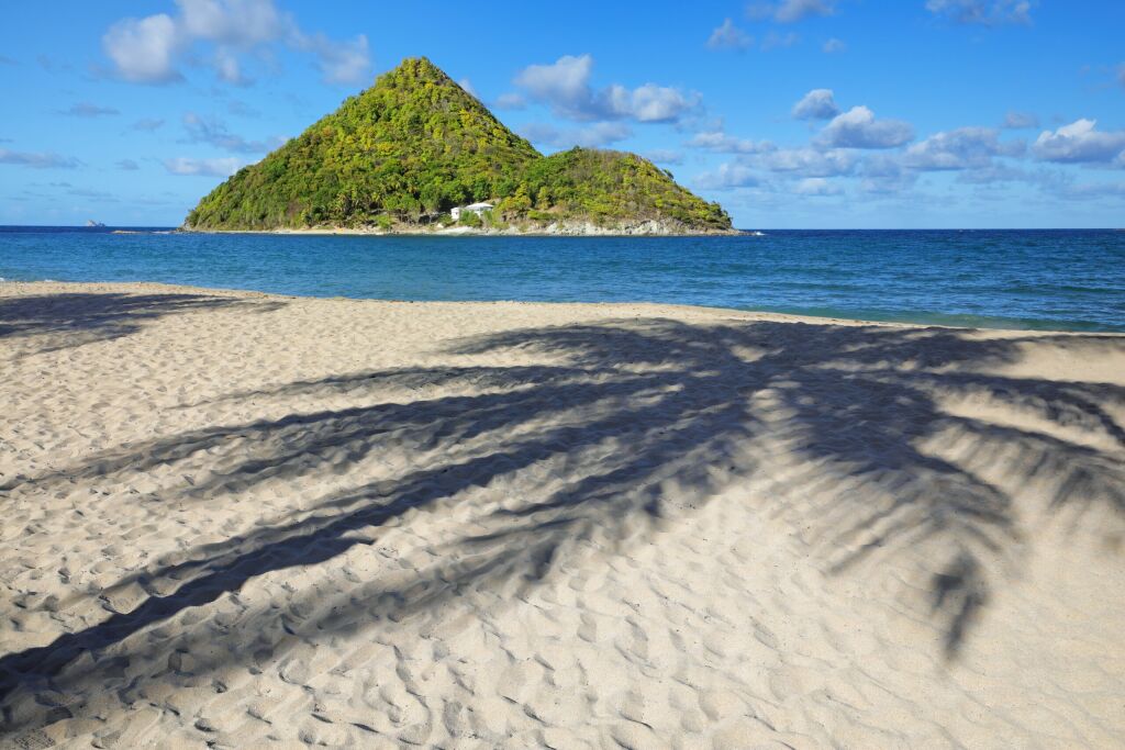 Levera Beach on Grenada Island with a view of Sugar Loaf Island, Grenada.