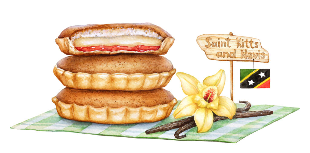 Watercolor illustration of the cake Agony of Love. Traditional pastry of Saint Kitts and Nevis Torment d'amour with national flag and vanilla flower.