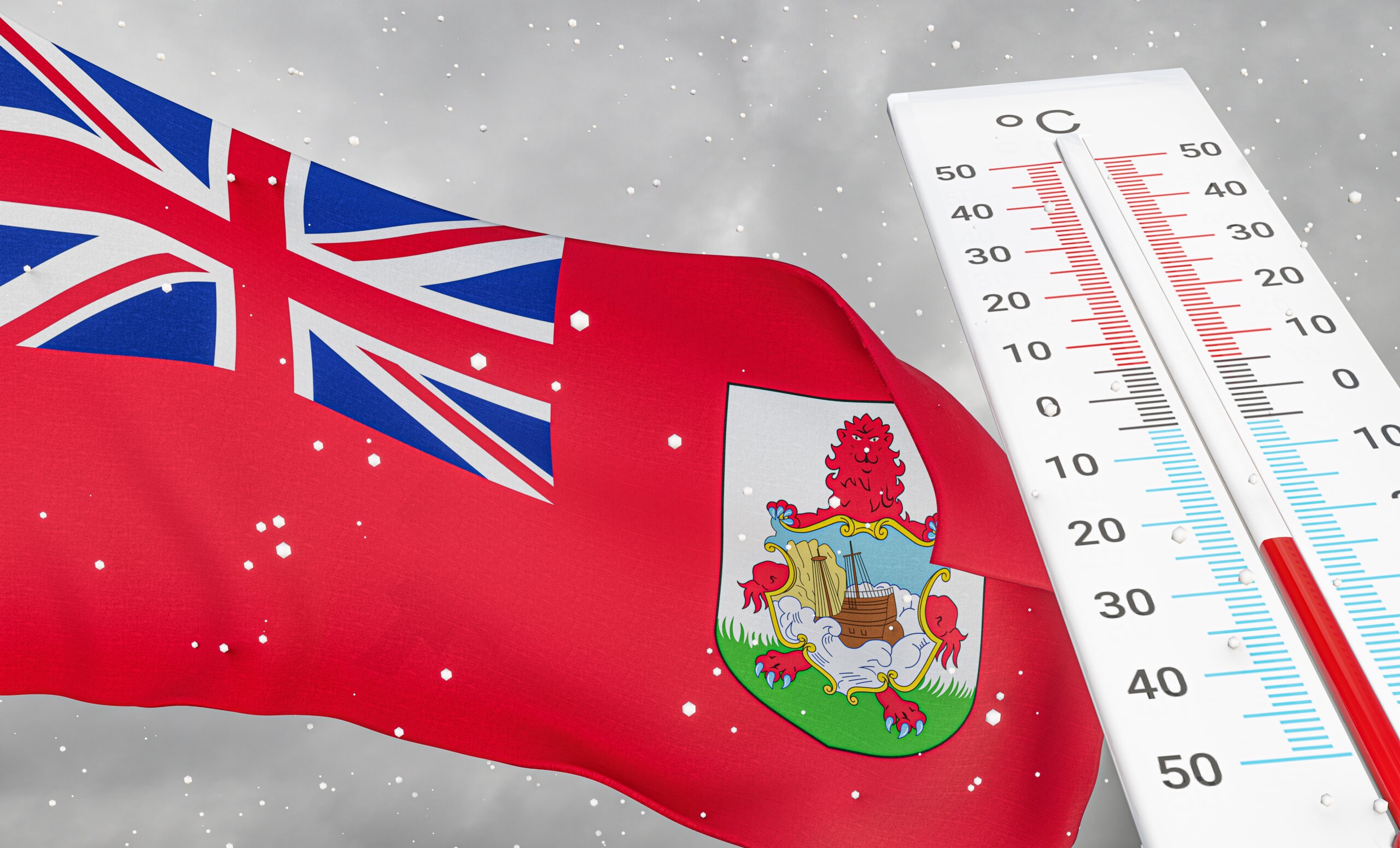 Winter in Bermuda with severe cold, negative temperature, Cold season in Bermuda, cruelest coldest weather in Bermuda, Flag Bermuda with thermometer. 3D work and 3D image