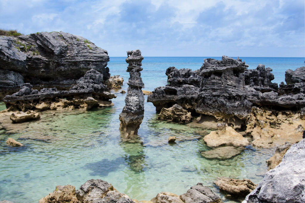 Bermuda Beach. Tobacco Bay area Bermuda. Columns of limestone rocks 